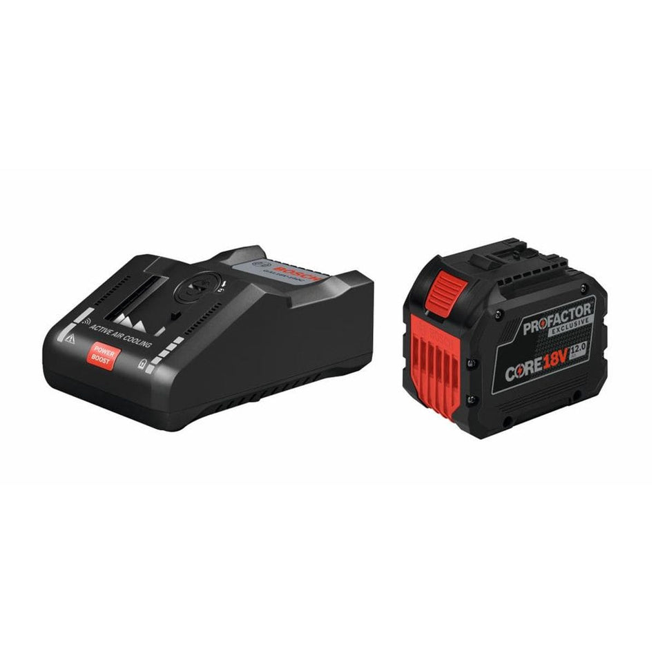 The Bosch 18V PROFACTOR GBA18V120 High Power Starter Kit on a white background, featuring the CORE18V 12.0 Ah battery with its red vents and PROFACTOR EXCLUSIVE labeling, positioned next to the black GAL18V-160C turbo charger showing its red POWER BOOST button and cooling vents. This product studio shot is optimized for ADA compliance and tool SEO.