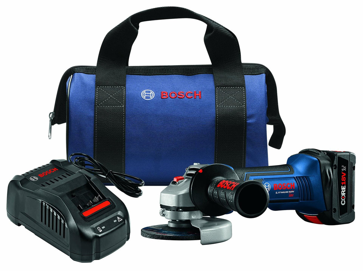 Bosch cordless angle grinder kit including grinder, CORE18V battery, charger, and branded carrying bag; displayed for product overview.