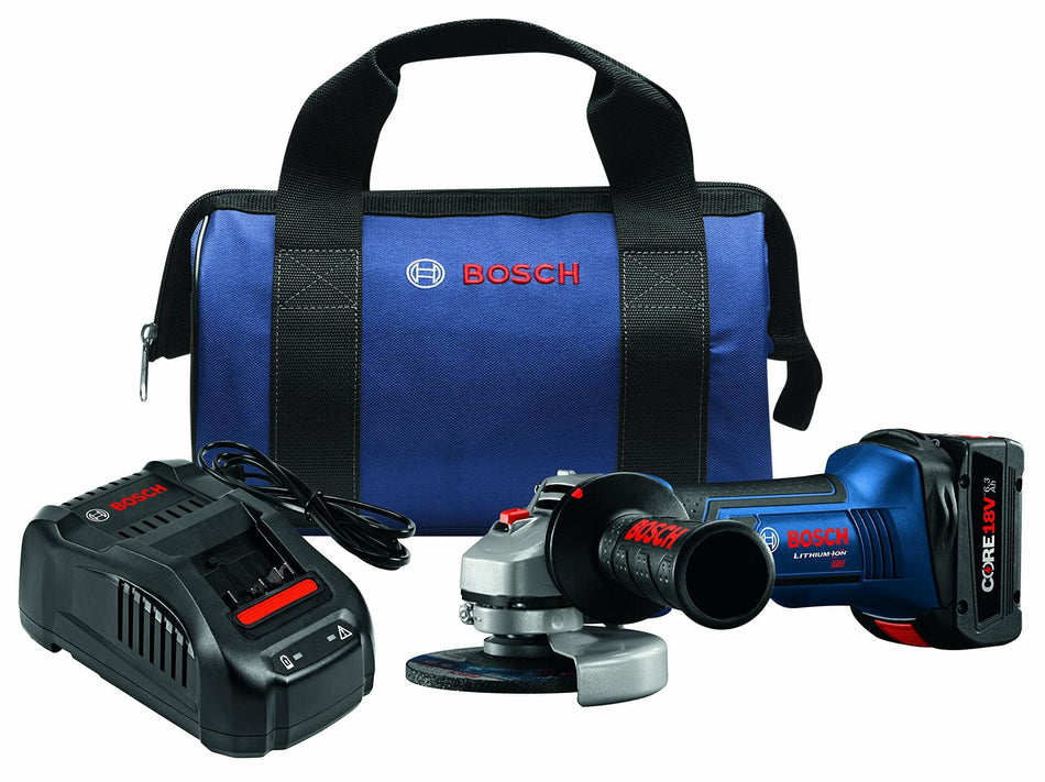 Bosch cordless angle grinder kit including grinder, CORE18V battery, charger, and branded carrying bag; displayed for product overview.