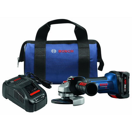 Bosch cordless angle grinder kit including grinder, CORE18V battery, charger, and branded carrying bag; displayed for product overview.