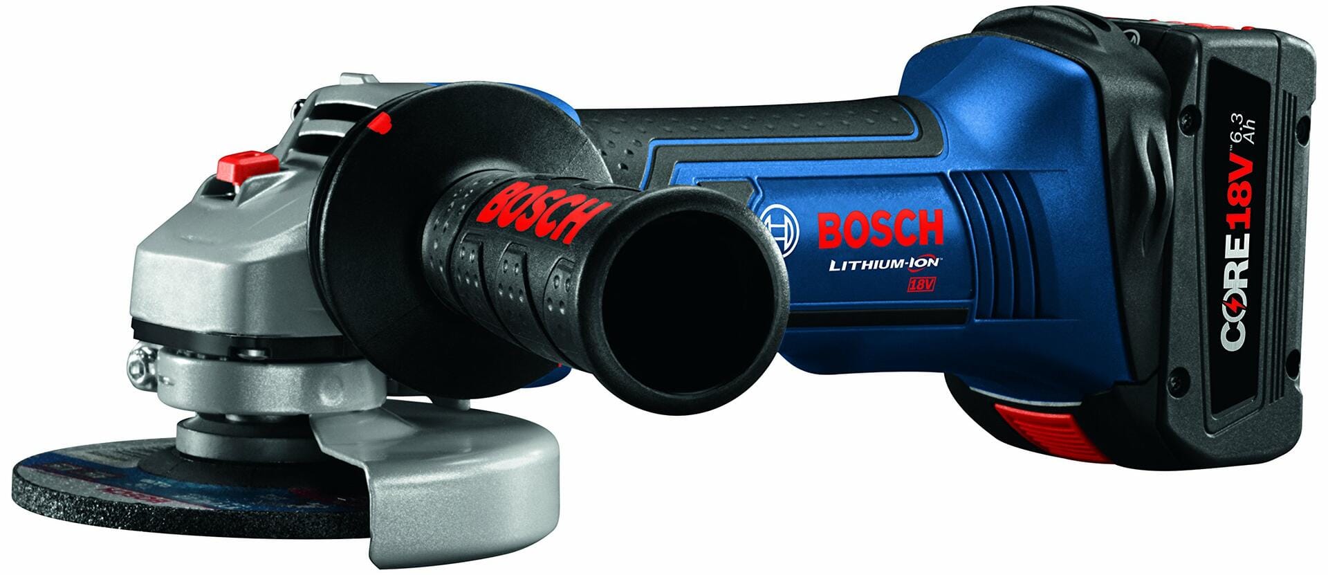 Bosch cordless angle grinder with side handle and guard, powered by CORE18V lithium-ion battery; designed for cutting and grinding.