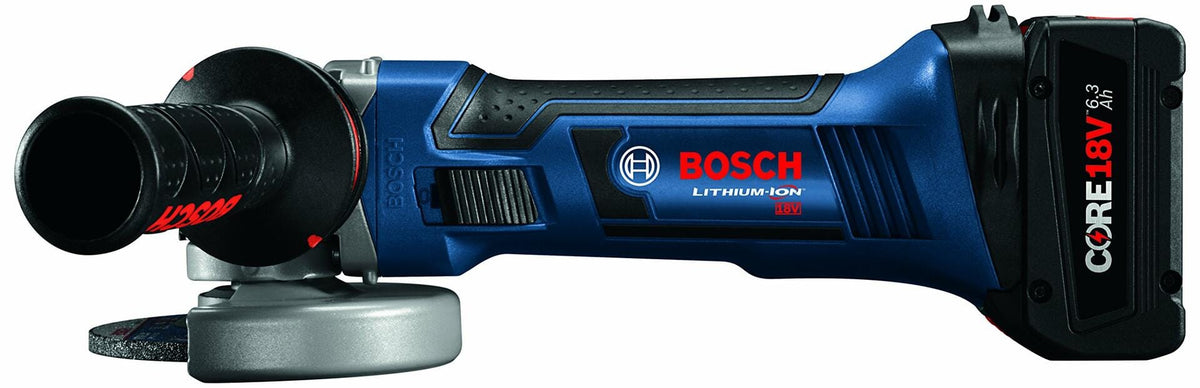 Bosch 18V cordless angle grinder with side handle and protective guard; battery pack labeled CORE18V attached to tool body.