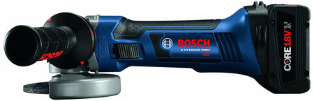 Bosch 18V cordless angle grinder with side handle and protective guard; battery pack labeled CORE18V attached to tool body.
