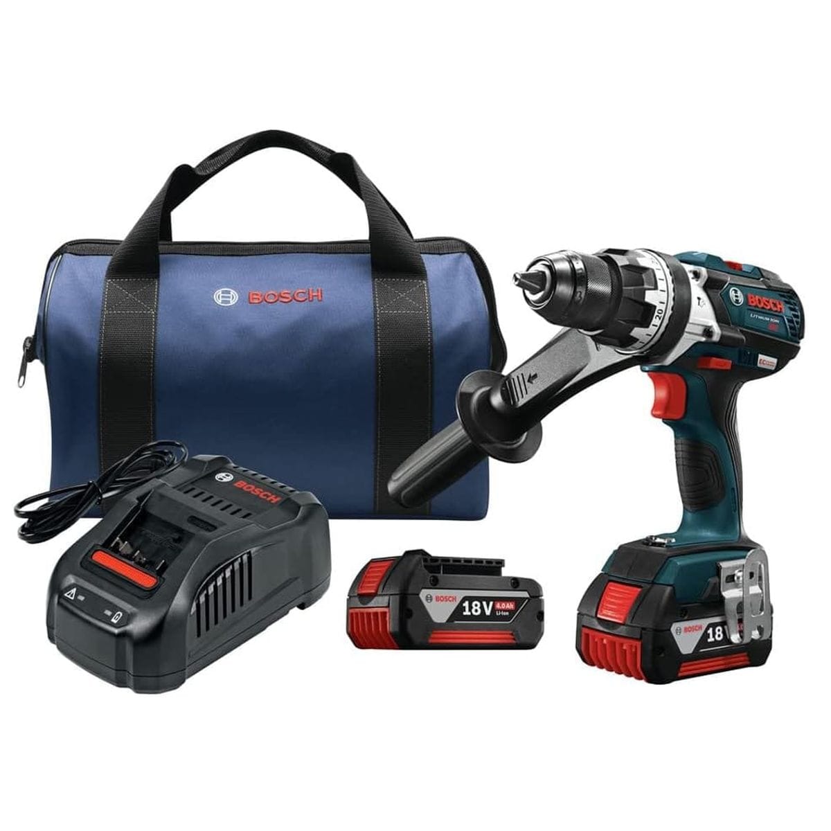 The image shows a Bosch cordless drill kit, including a blue and black drill with a black auxiliary handle attached. The kit also features a blue carrying bag with the red Bosch logo, a black battery charger with a cord, and a black and red 18V battery pack.