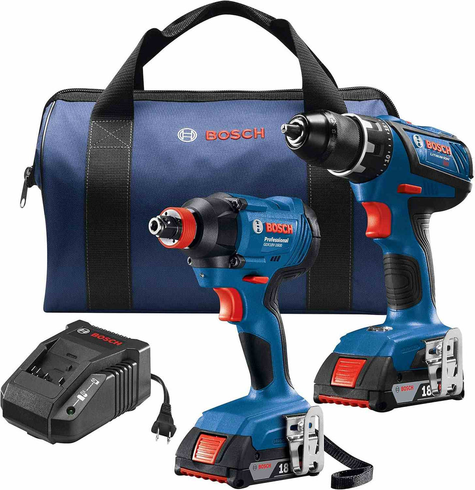Bosch 18V cordless combo kit GXL18V‑232B22‑RT shown with two compact tough drill/driver and impact driver tools, dual‑voltage battery charger, and durable carrying bag; highlights professional‑grade lithium‑ion power, ergonomic design, and reconditioned reliability for construction and DIY applications.