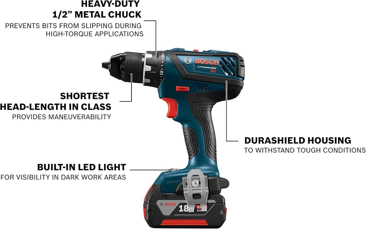 Bosch 18V compact tough 1/2 in. drill driver displayed with labeled features including metal chuck, short head‑length housing, built‑in LED light, and rugged Durashield construction; optimized for high‑torque fastening and precision drilling in tight workspaces.