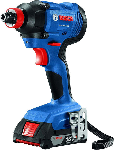 Bosch 18V 2‑in‑1 impact driver GDX18V‑1600 shown in a standalone product view with belt clip and wrist strap, featuring interchangeable 1/4 in. hex and 1/2 in. square drive for versatile fastening performance in automotive, construction, and mechanical applications.