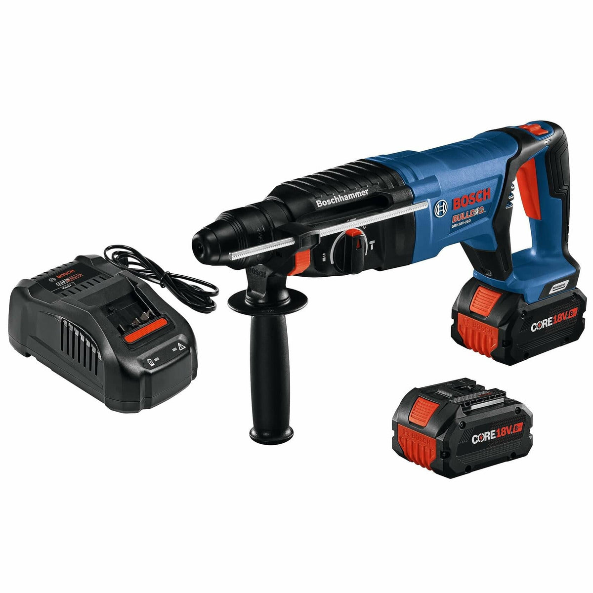 Kit contents shot showing the Bosch GBH18V-26DK24 1-inch rotary hammer, the fast charger, and two CORE18V 8 Ah High Power batteries
