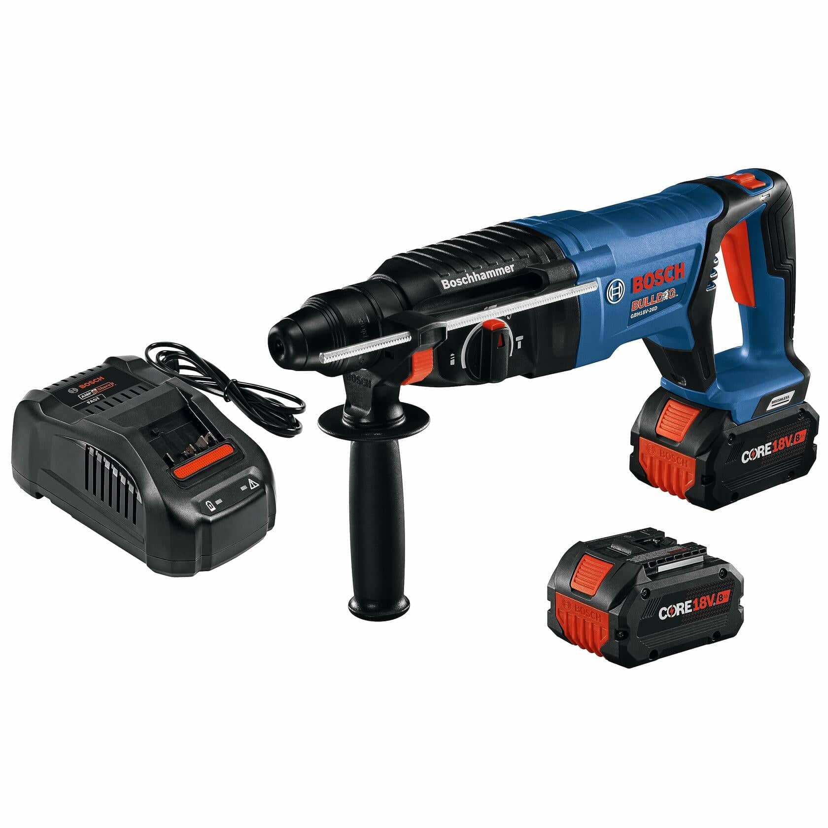 Kit contents shot showing the Bosch GBH18V-26DK24 1-inch rotary hammer, the fast charger, and two CORE18V 8 Ah High Power batteries