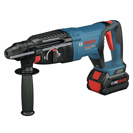 Angled studio view of the Bosch GBH18V-26D 1-inch SDS-plus rotary hammer with the CORE18V 8 Ah High Power battery attached, auxiliary handle, and the three-mode selector dial visible