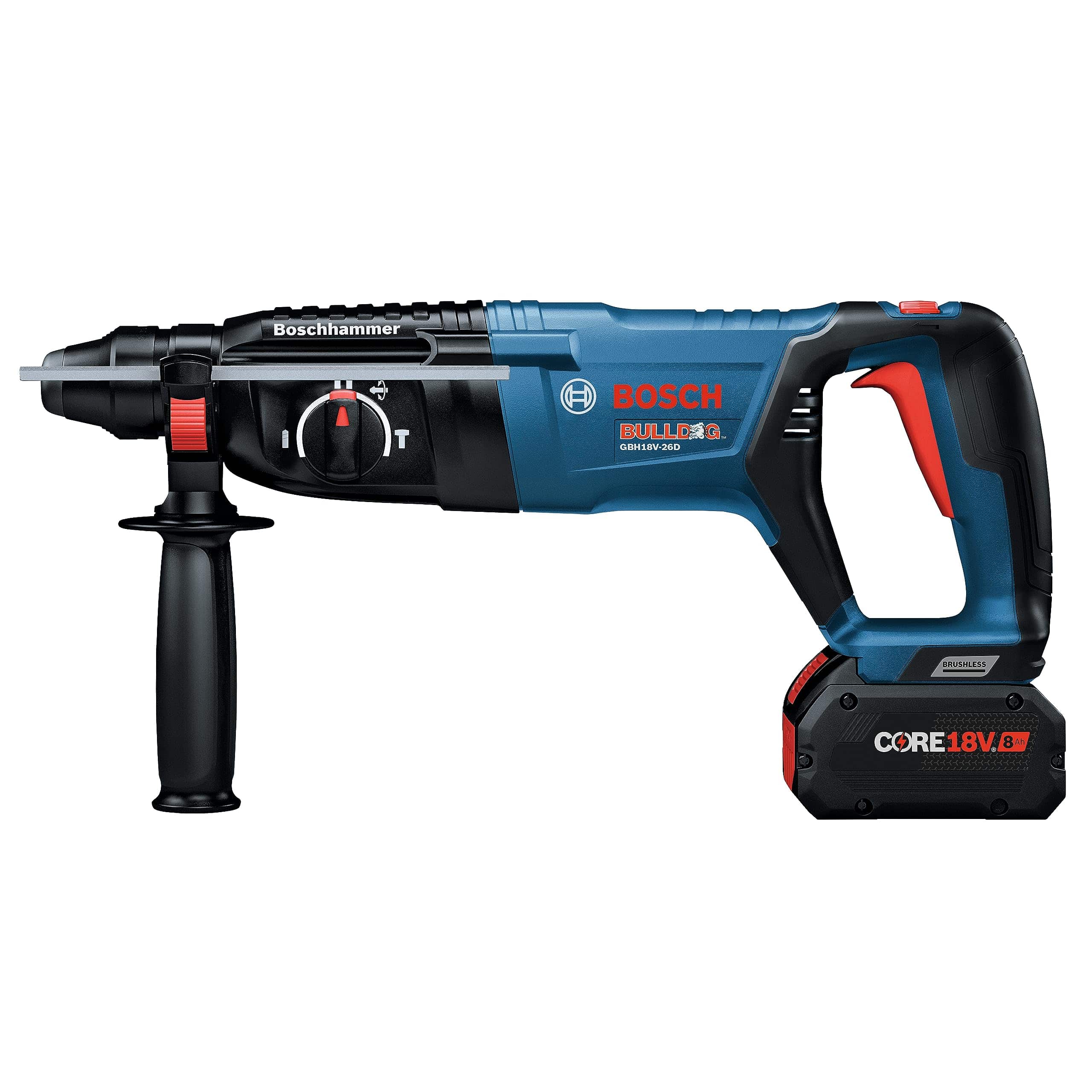 Side profile studio view of the Bosch GBH18V-26D Bulldog rotary hammer with the attached 8 Ah CORE18V battery, auxiliary handle, and the three-mode selector dial