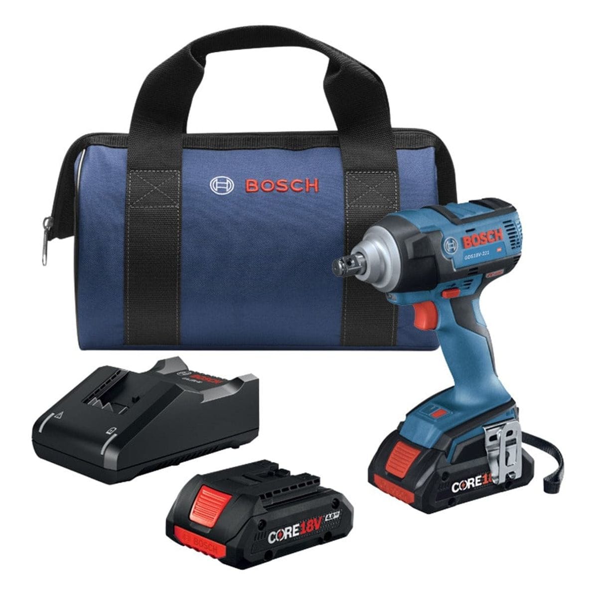 Bosch impact wrench kit including GDS18V-740 tool, two CORE18V 6.3Ah batteries, charger, and branded carrying bag for portable high-torque applications.