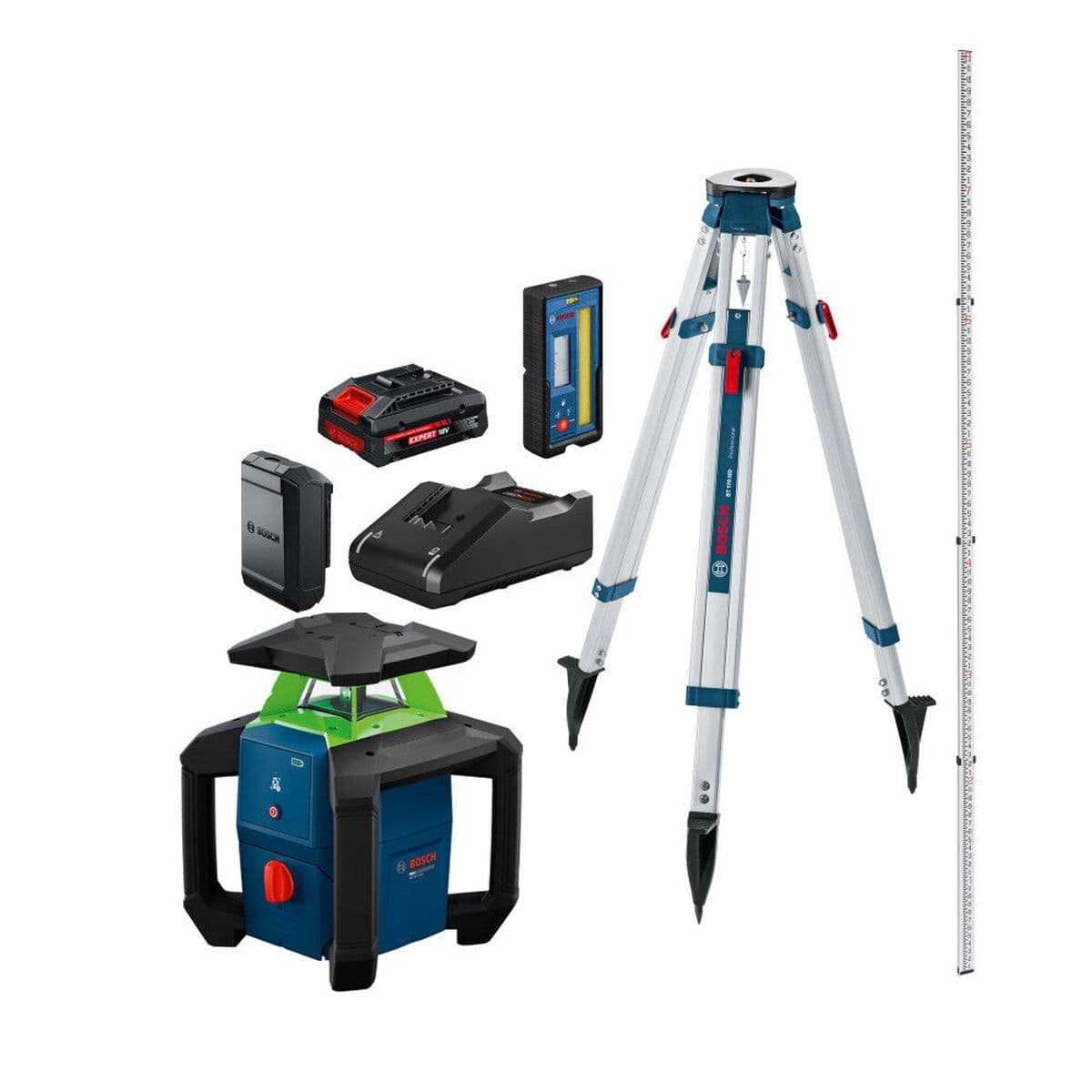 The Bosch 18V Green Beam Horizontal Rotary Laser Kit GRL18V-31K is displayed as a complete set against a clean white background. This automatic construction site level transit grading tool kit includes the horizontal green beam rotary laser unit, an 18V lithium-ion battery pack, a fast desktop battery charger, a matching alkaline battery adapter cartridge, an LR20 laser receiver, a heavy-duty aluminum tripod stand, and a multi-section grade rod.