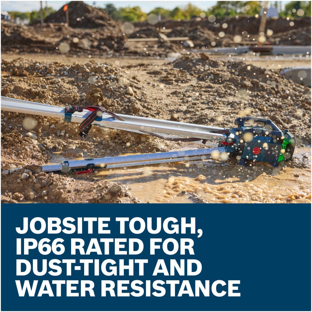 An action image displays an aluminum building tripod collapsed sideways on a muddy earthworks job site, splashing water across the ground as it falls. A descriptive product banner running along the bottom highlights that the cordless laser level housing is engineered job-site tough and IP66 rated for complete dust-tight and water resistance.