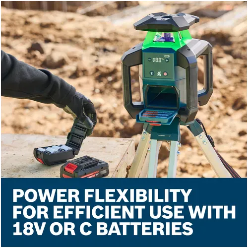 A close-up view of a technician's hands in protective black work gloves sorting battery packs next to the tripod-mounted Bosch grading transit level. The visual demonstration highlights the tool's power flexibility configuration for efficient use with an 18V lithium-ion battery pack or an adjacent open cartridge containing standard C-cell batteries.