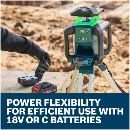 A close-up view of a technician's hands in protective black work gloves sorting battery packs next to the tripod-mounted Bosch grading transit level. The visual demonstration highlights the tool's power flexibility configuration for efficient use with an 18V lithium-ion battery pack or an adjacent open cartridge containing standard C-cell batteries.