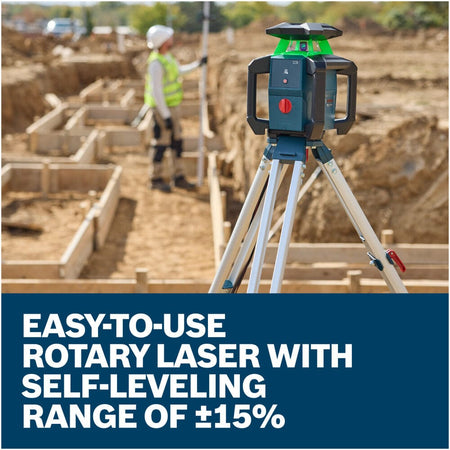 A close-up view of the Bosch green beam horizontal rotary laser unit mounted securely on its aluminum tripod stand at an active construction site. In the blurry background, a worker wearing a white hard hat and a high-visibility yellow safety vest can be seen mapping out concrete foundation formwork layouts. Large text below notes an easy-to-use rotary laser with a self-leveling range of ±15%.