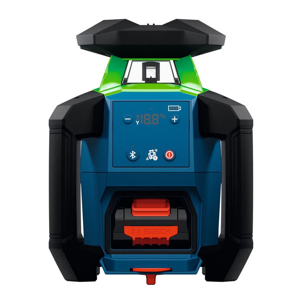 A direct front view of the Bosch GRL18V-34K self-leveling cordless rotary laser standing upright. The layout highlights the green cage housing the laser diode, the digital human-machine interface screen, and an open lower battery port displaying an installed 18V lithium-ion battery pack.