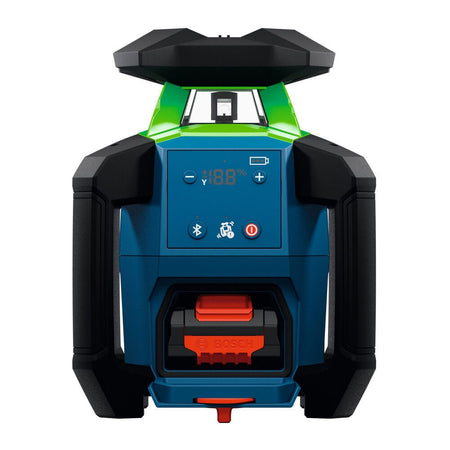 A direct front view of the Bosch GRL18V-34K self-leveling cordless rotary laser standing upright. The layout highlights the green cage housing the laser diode, the digital human-machine interface screen, and an open lower battery port displaying an installed 18V lithium-ion battery pack.