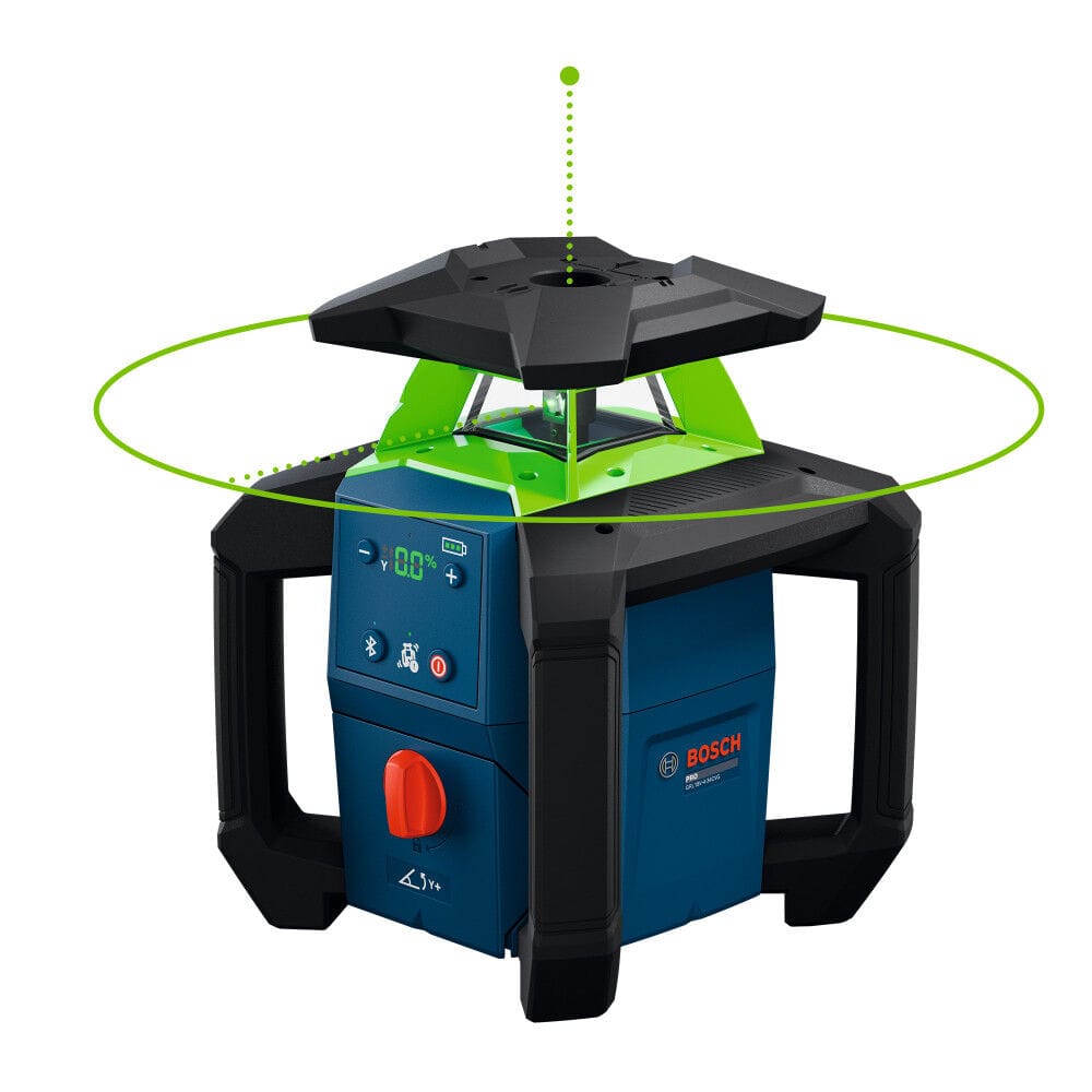 A product graphic of the Bosch 18V cordless transit tool showing an illuminated green beam graphic projecting a full 360-degree horizontal leveling plane and a single vertical plumb line upward from the top of the rotating laser head.