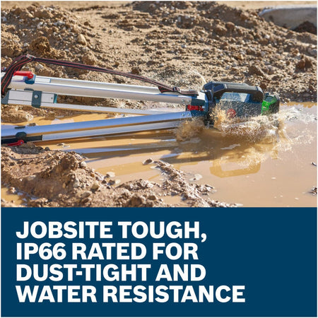 An outdoor action shot shows the aluminum building tripod stand tipped over sideways, sending the attached Bosch rotary laser crashing into a muddy water puddle on an earthmoving construction site. Graphic banner text below emphasizes that the tool is job-site tough and IP66 rated for dust-tight and water resistance.