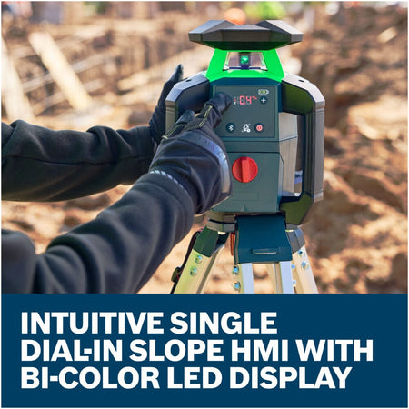 A close-up view of a site technician in black protective gloves adjusting slope properties on the digital interface panel of the tripod-mounted Bosch rotary laser. Large overlay text below highlights the intuitive single dial-in slope human-machine interface with its bi-color LED display.