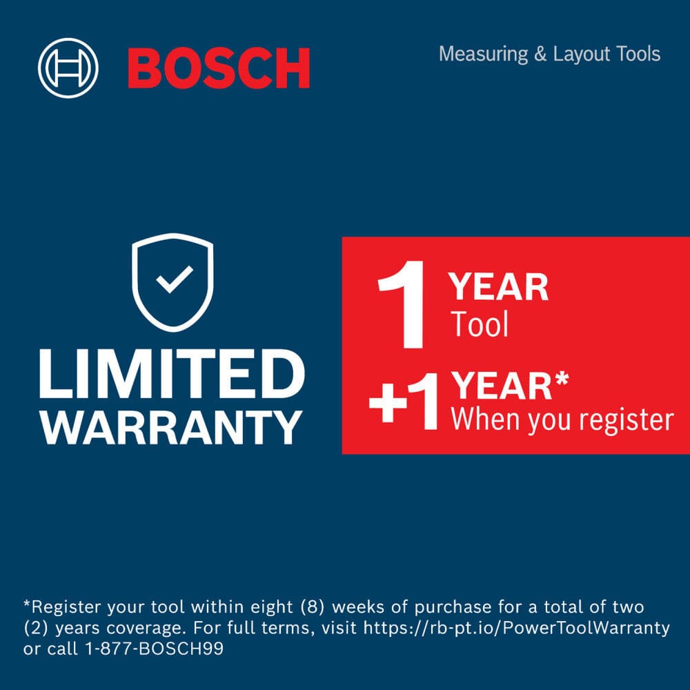 A blue promotional factory warranty graphic for the Bosch Measuring and Layout Tools lineup. The clean corporate block lists a standard 1-year tool warranty along with a bonus plus 1-year extension when the purchaser registers the cordless transit level within eight weeks of purchase.