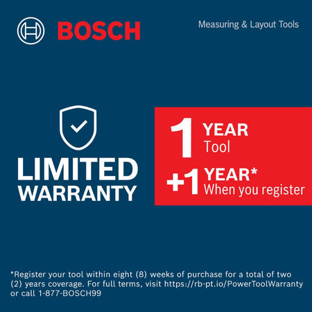 A blue promotional factory warranty graphic for the Bosch Measuring and Layout Tools lineup. The clean corporate block lists a standard 1-year tool warranty along with a bonus plus 1-year extension when the purchaser registers the cordless transit level within eight weeks of purchase.