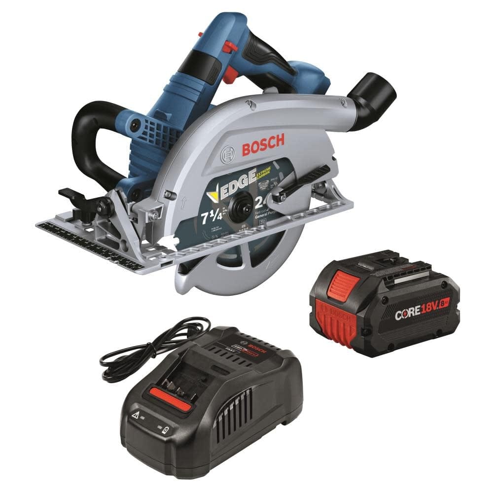 Bosch circular saw kit with EDGE saw, CORE18V battery, and charger displayed together; blade and branding clearly visible.