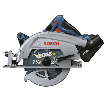 Bosch EDGE 7-1/4 inch cordless circular saw with carbide blade and CORE18V battery; adjustment levers and safety guard visible.
