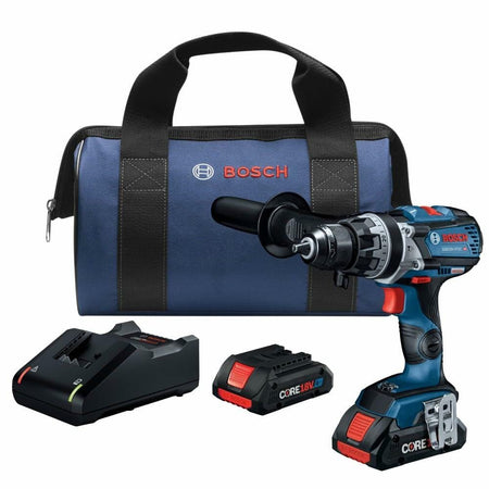 Bosch cordless drill with accessories and blue tool bag on a white background