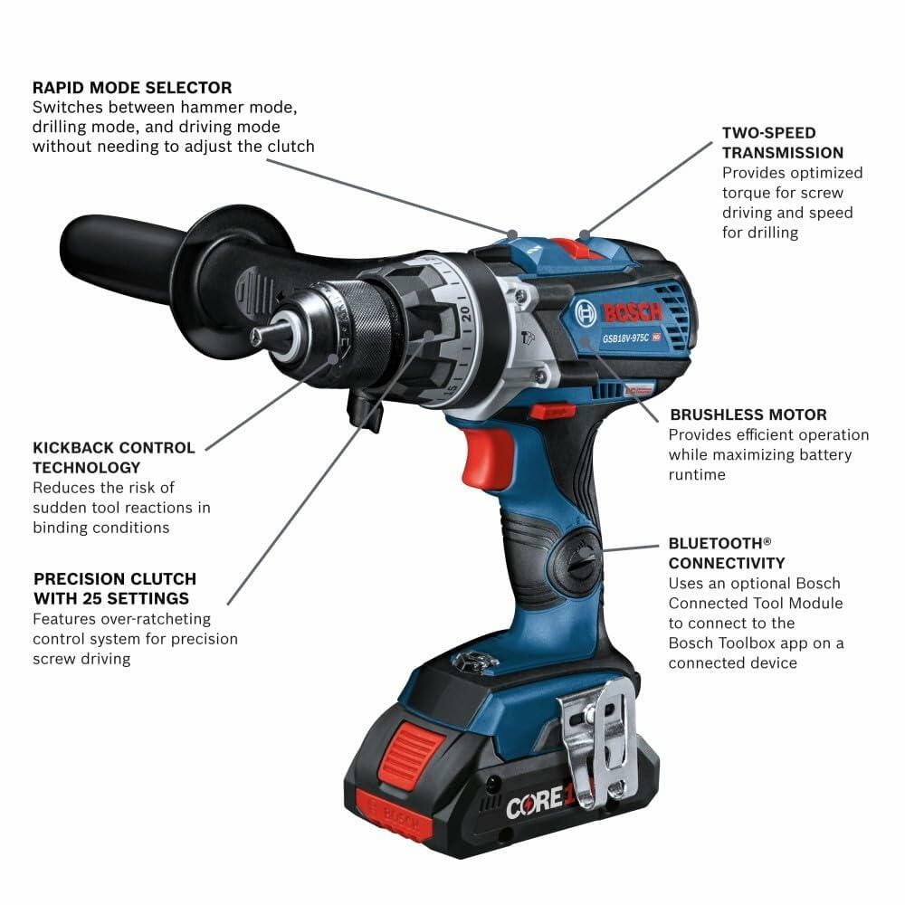 Bosch cordless drill with labeled features on a white background
