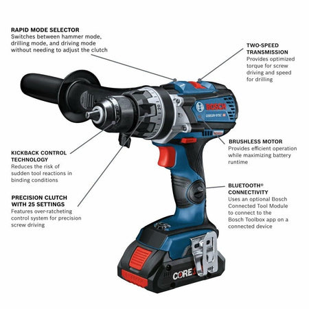 Bosch cordless drill with labeled features on a white background