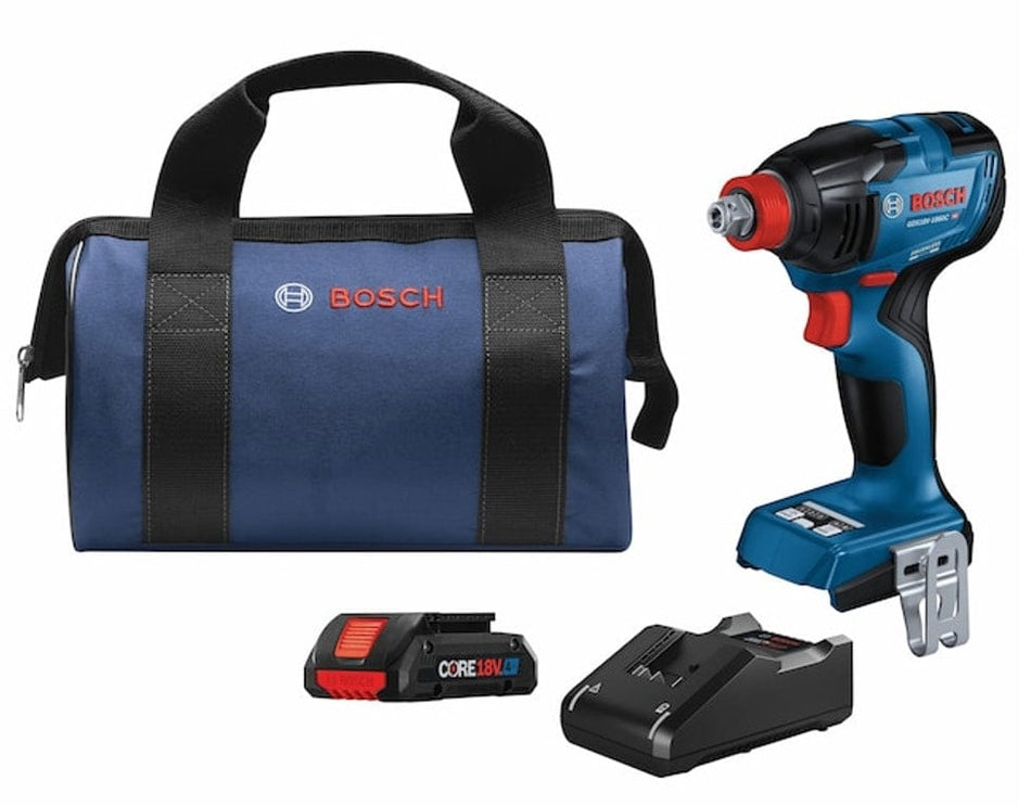View of Socket Impact Driver, Battery, Battery Driver, and Carry Bag. The image shows a Bosch cordless impact driver kit with a blue and black impact driver on the right. The kit also includes a blue tool bag with black straps and a red Bosch logo, a black battery charger, and a black and red battery pack.