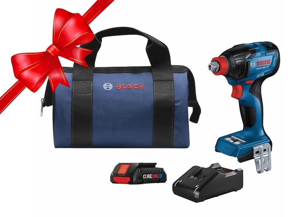 View of Socket Impact Driver, Battery, Battery Driver, and Carry Bag. The image shows a Bosch cordless impact driver kit with a blue and black impact driver on the right. The kit also includes a blue tool bag with black straps and a red Bosch logo, a black battery charger, and a black and red battery pack with a red ribbon in the corner with a red bow in the corner