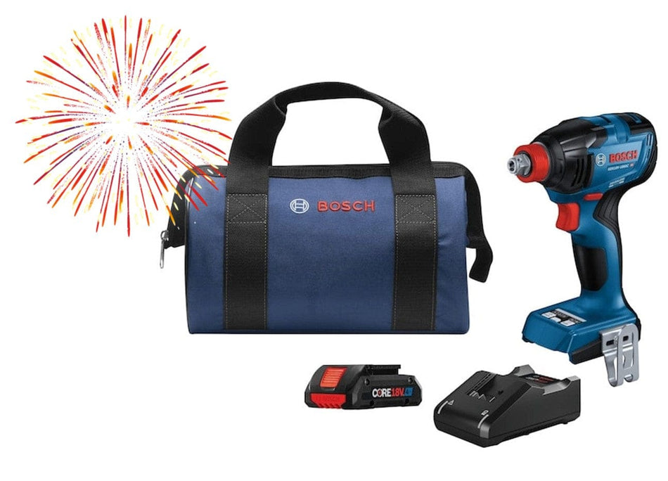 View of Socket Impact Driver, Battery, Battery Driver, and Carry Bag. The image shows a Bosch cordless impact driver kit with a blue and black impact driver on the right. The kit also includes a blue tool bag with black straps and a red Bosch logo, a black battery charger, and a black and red battery pack with a red ribbon in the corner with a fireworks starburst in the corner