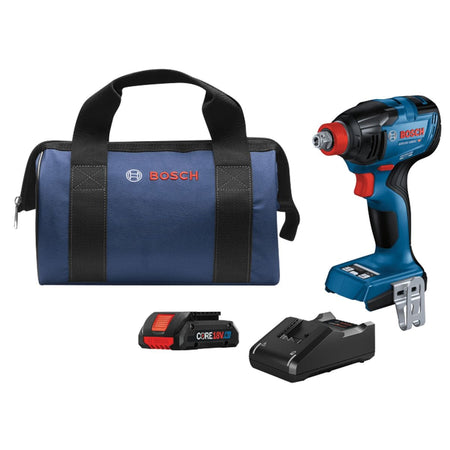 View of Socket Impact Driver, Battery, Battery Driver, and Carry Bag. The image shows a Bosch cordless impact driver kit with a blue and black impact driver on the right. The kit also includes a blue tool bag with black straps and a red Bosch logo, a black battery charger, and a black and red battery pack.