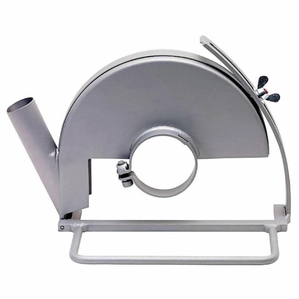 Metal dust-extraction guard for 9-inch angle grinder featuring curved blade housing, dust port, and adjustable clamp mechanism.