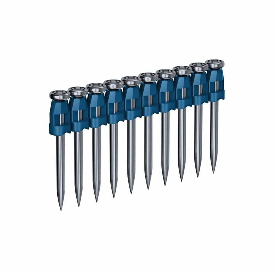 A studio photograph of a strip of 10 collated steel pin nails with full round heads featuring the Bosch logo, held together by a blue plastic collation strip.