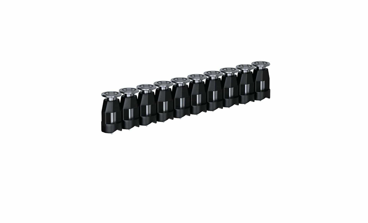 Row of ten identical black cylindrical components with metallic tops arranged in a straight line. Likely nozzles or connectors used in mechanical or electronic systems, shown for modular assembly or part identification