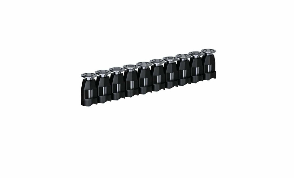 Row of ten identical black cylindrical components with metallic tops arranged in a straight line. Likely nozzles or connectors used in mechanical or electronic systems, shown for modular assembly or part identification