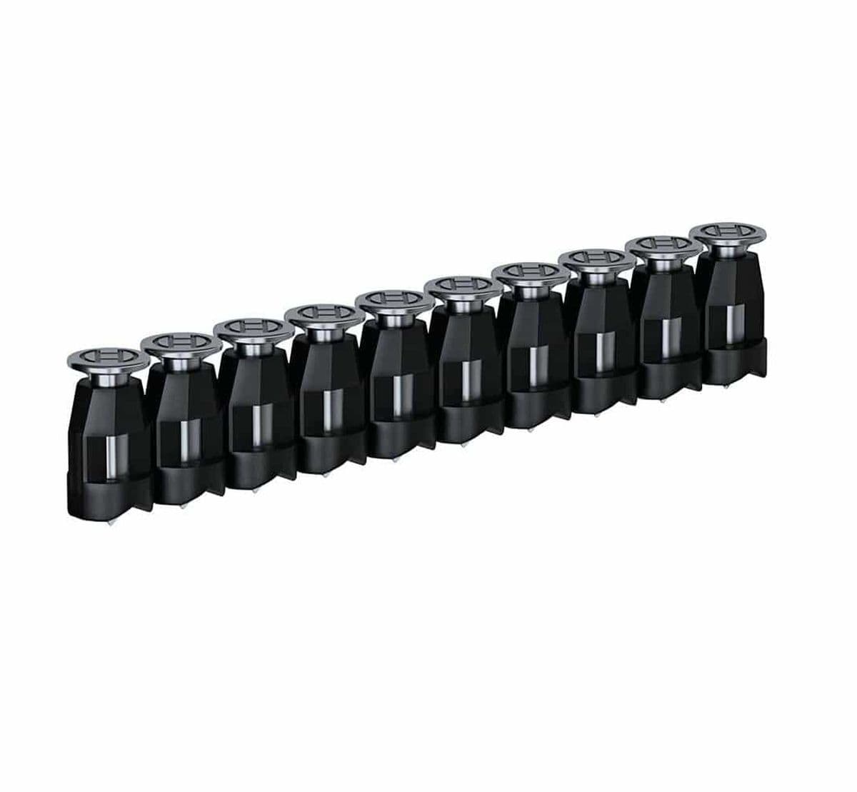 Row of ten identical black cylindrical components with metallic tops arranged in a straight line. Likely nozzles or connectors used in mechanical or electronic systems, shown for modular assembly or part identification