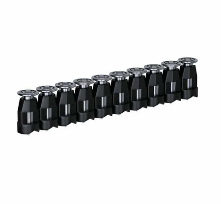 Row of ten identical black cylindrical components with metallic tops arranged in a straight line. Likely nozzles or connectors used in mechanical or electronic systems, shown for modular assembly or part identification
