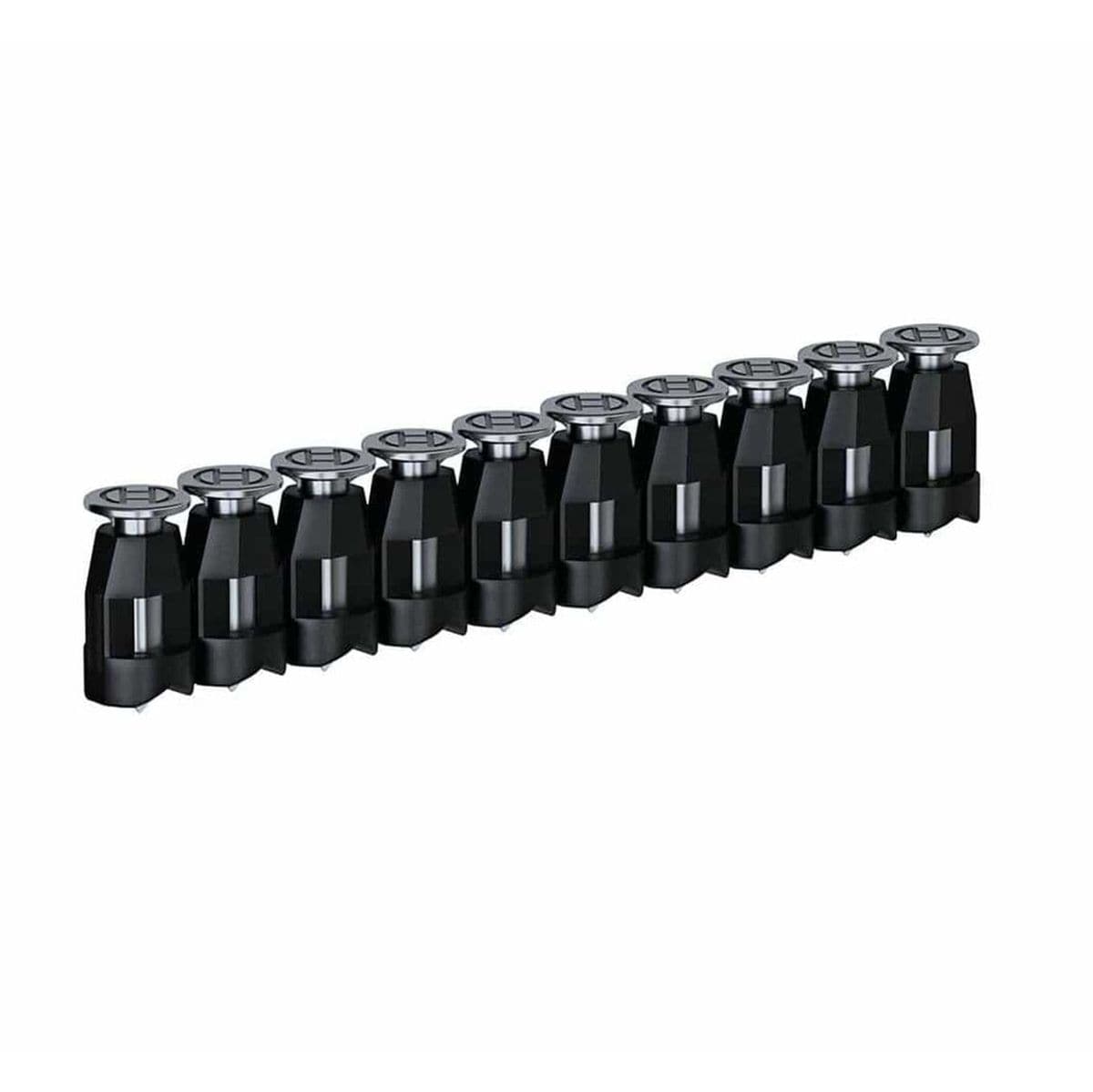 Row of ten identical black cylindrical components with metallic tops arranged in a straight line. Likely nozzles or connectors used in mechanical or electronic systems, shown for modular assembly or part identification