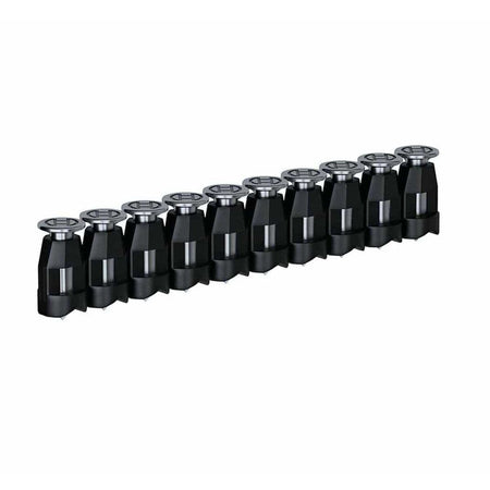 Row of ten identical black cylindrical components with metallic tops arranged in a straight line. Likely nozzles or connectors used in mechanical or electronic systems, shown for modular assembly or part identification