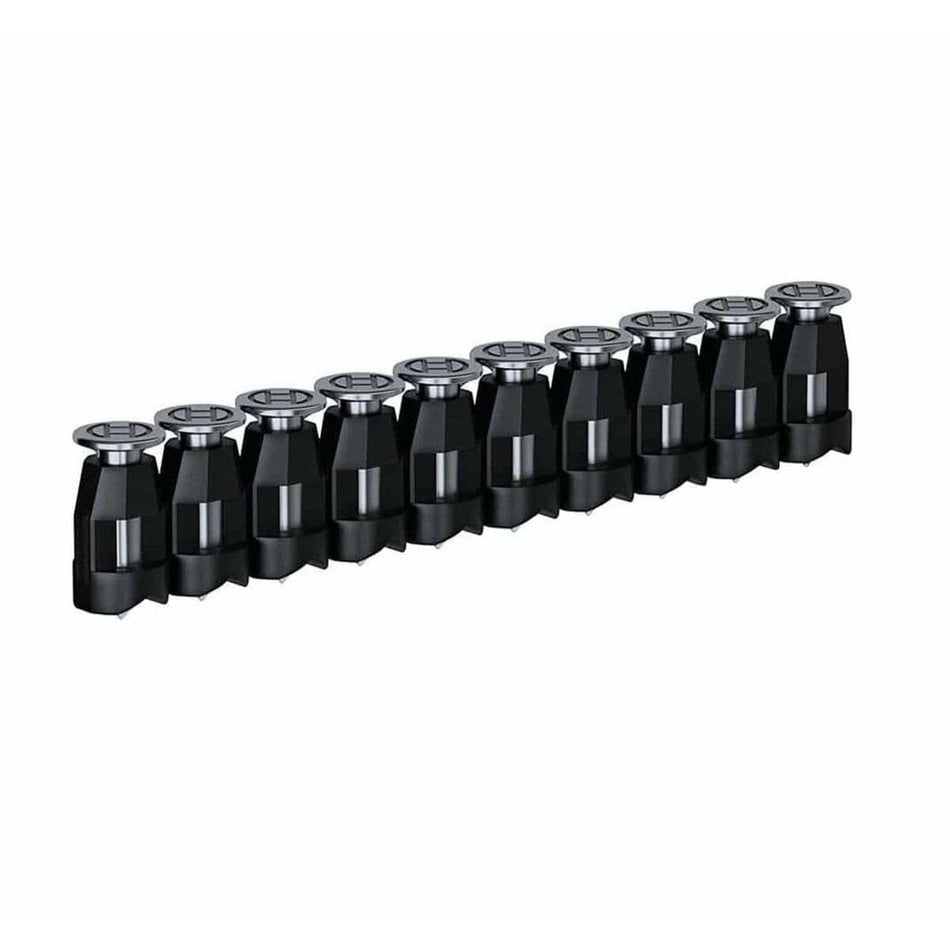 Row of ten identical black cylindrical components with metallic tops arranged in a straight line. Likely nozzles or connectors used in mechanical or electronic systems, shown for modular assembly or part identification