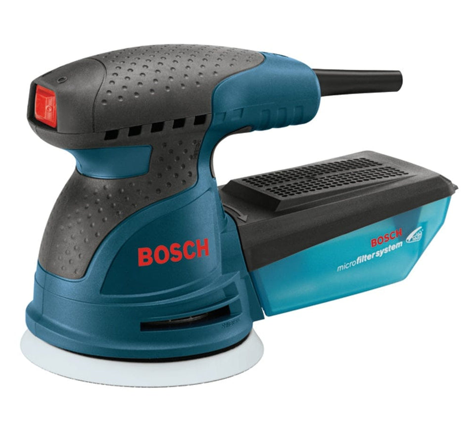 Bosch hand sander with circular pad and microfilter system; blue and black body with red Bosch logo on side.