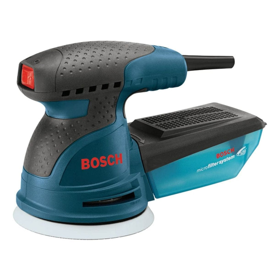 Bosch hand sander with circular pad and microfilter system; blue and black body with red Bosch logo on side.