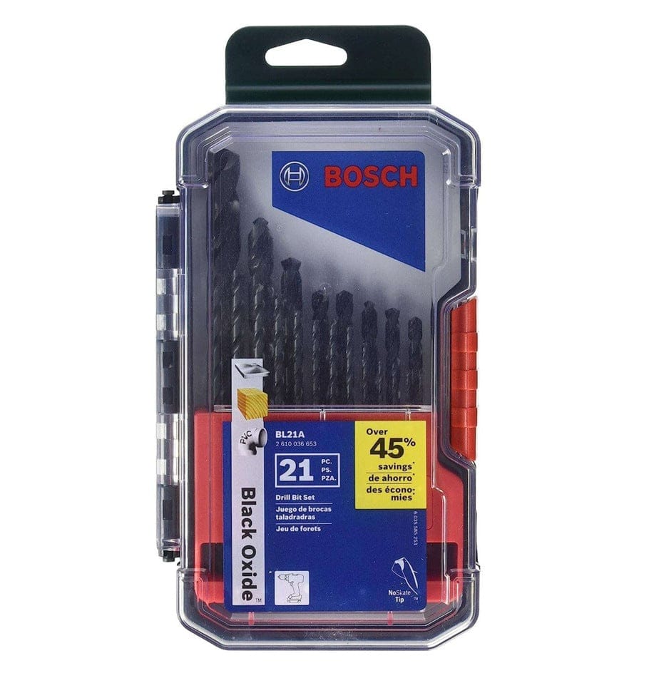 A studio photograph of the 21-piece Bosch black oxide drill bit set housed in its durable, clear-faced plastic storage case with retail labeling.