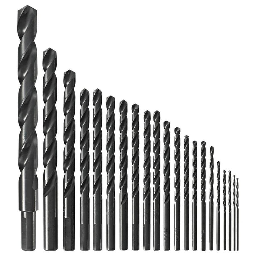 A studio photograph displaying the full 21-piece assortment of black oxide jobber length twist drill bits arranged by size from largest to smallest.